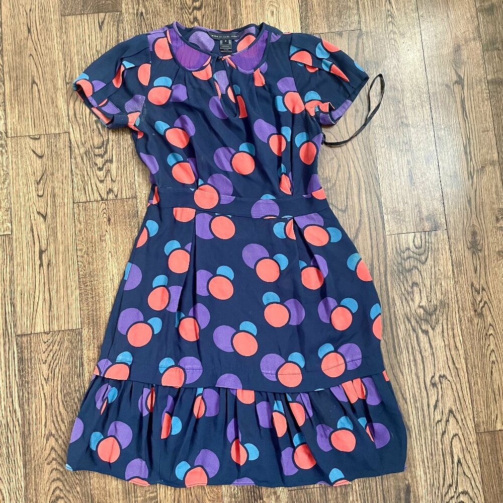 Marc by Marc Jacobs Navy Circle Print Wrap Dress Size 2 Silk Short Sleeve Ruffle